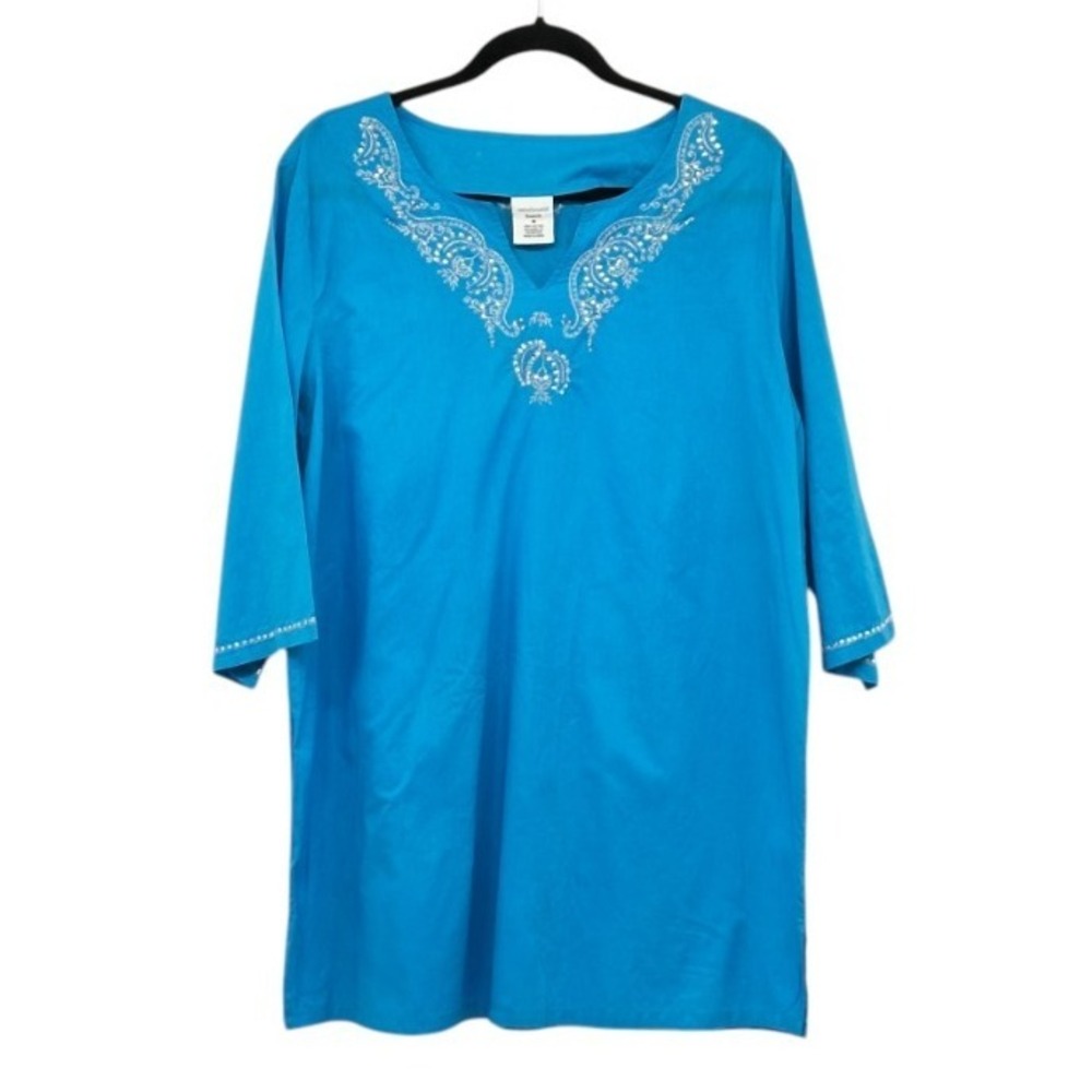 Westbound Beach Cover Up Tunic Top Silver Embellished Cotton‎ Blue Size M